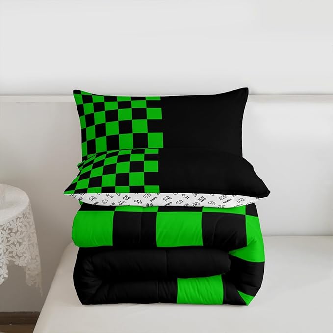 Geometric Plaid Kids Bedding Set Queen Size,Patchwork Grid Video Games Comforter Set，Simple Lattice Abstract Quilt Comforter,Black & Green Bedroom Duvet Insert,2 Pillowcases