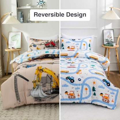 Holawakaka Boy Truck Excavator Twin Comforter Set with Sheets 5 Pieces