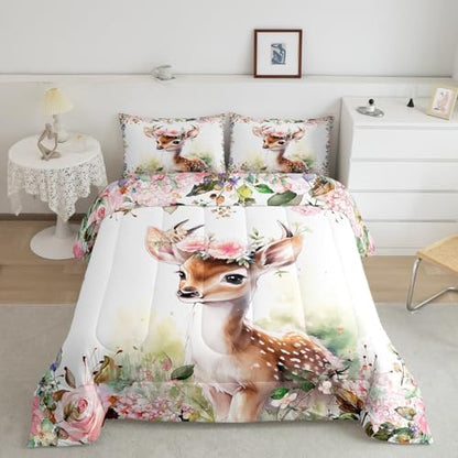 Feelyou Cute Deer Comforter Set King Size Kids Cartoon Animal Comforter for Boys Girls Teens Flower Floral Print Bedding Set Farm Zoo Garden Theme Duvet Set Room Decor Quilt Set