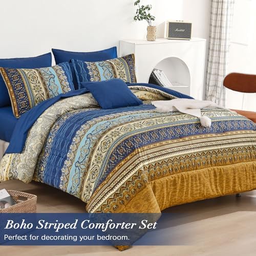 Cottolester Boho Comforter Set California King,Paisley Striped Bed in A Bag
