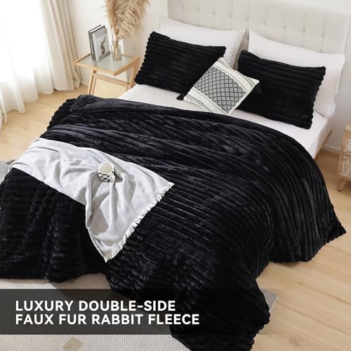 Smoofy Fluffy Full Size Comforter 3 PCS - Black Fleece Bedding Set