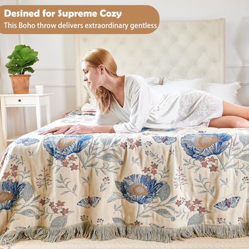 VANJOROY Boho Throw Blanket, 100% Organic Cotton Breathable Ultra Soft Bed Quilt Throw - All Season Floral Bird Butterfly Farmhouse Decor Blanket for Sofa Couch Chair and Gift. 60" x 80"