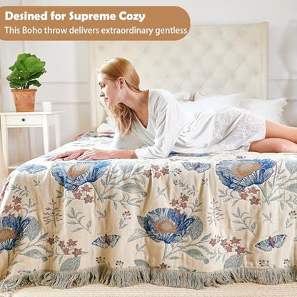VANJOROY Boho Throw Blanket, 100% Organic Cotton Breathable Ultra Soft Bed Quilt Throw - All Season Floral Bird Butterfly Farmhouse Decor Blanket for Sofa Couch Chair and Gift. 60" x 80"