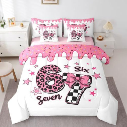 Erosebridal Cartoon 67 Bow Comforter Set Twin Size for Girls Leopard Print Plaid Number 7 Piece Bedding Set Girly Six Seven Cute Star Print Bed in A Bag Pink Ice Cream Drip Bed Set