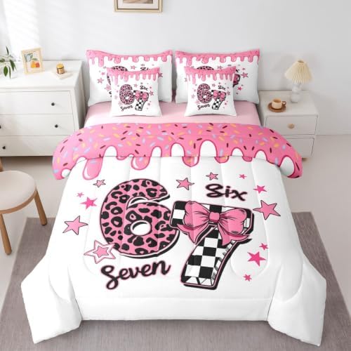 Erosebridal Cartoon 67 Bow Comforter Set King Size for Girls Leopard Print Plaid Number 7 Piece Bedding Set Girly Six Seven Cute Star Print Bed in A Bag Pink Ice Cream Drip Bed Set