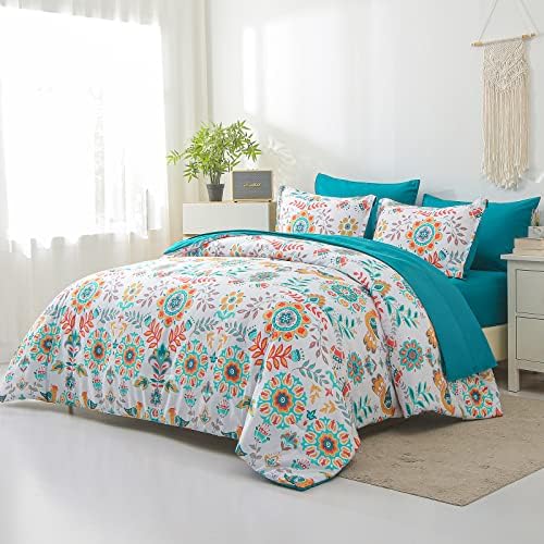 DHSFKBE Boho Comforter Set Queen - 7 Pieces Bed in a Bag Floral Medallions Design, Bohemian Comforter Set with Sheets, Soft Microfiber Complete Bedding Sets All Season (Teal Blue, Queen)