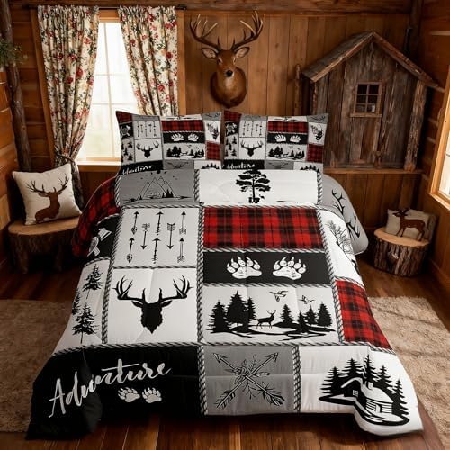 Deer Antlers Comforter Set King Size,Bear Paws Pine Trees Xmas Bedding Set for Kids Boys Girls Adults Room Decor,Lattices Patchwork Rustic Farmhouse Down Comforter,Red Duvet Insert,2 Pillowcases