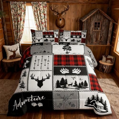 Deer Antlers Comforter Set Full Size,Bear Paws Pine Trees Xmas Bedding Set for Kids Boys Girls Adults Room Decor,Lattices Patchwork Rustic Farmhouse Down Comforter,Red Duvet Insert,2 Pillowcases