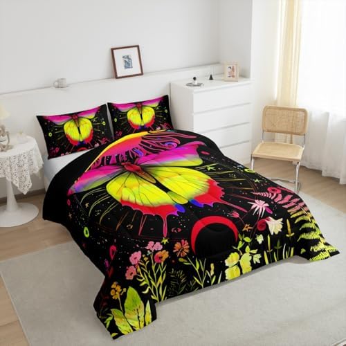 Sun and Moon Comforter Set Twin Rainbow Moth Bedding Sets Hippie Psychedelic Floral Botanical Comforter for Girls Teen Women,Trippy Galaxy Stars Planet Quilt Duvet Colorful 1 Pillow Case