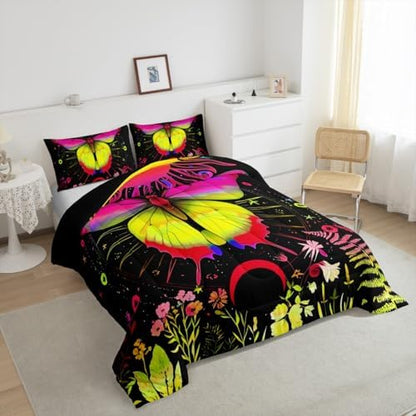 Sun and Moon Comforter Set Twin Rainbow Moth Bedding Sets Hippie Psychedelic Floral Botanical Comforter for Girls Teen Women,Trippy Galaxy Stars Planet Quilt Duvet Colorful 1 Pillow Case