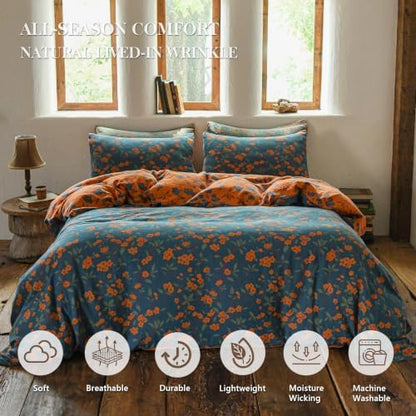 Simple&Opulence Muslin Duvet Cover Set Queen Size, 100% Washed Cotton 3 Pieces Yarn-Dyed Vintage Blue Orange Floral Jacquard Textured Bedding, Soft Breathable Gauze Comforter Cover with Zipper Closure