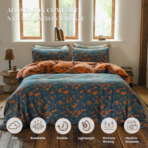 Simple&Opulence Muslin Duvet Cover Set King Size, 100% Washed Cotton 3 Pieces Yarn-Dyed Vintage Blue Orange Floral Jacquard Textured Bedding, Soft Breathable Gauze Comforter Cover with Zipper Closure