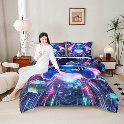 Erosebridal Galaxy Gaming Comforter Set 3D Cube Gamer King Bedding Set | Diamond Neon Lights Comforter Modern Game Consoles Duvet Insert
