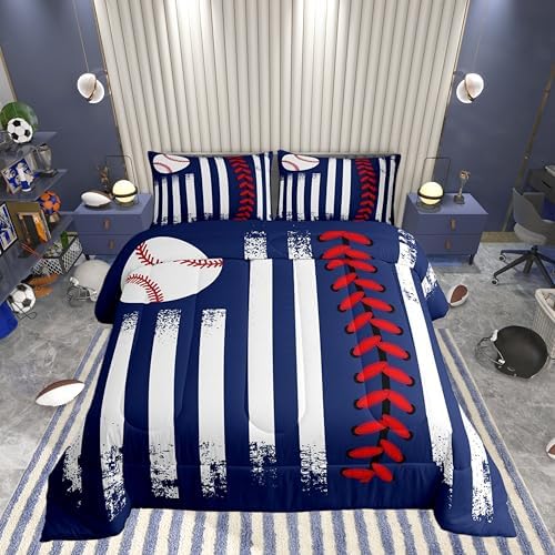 Castle Fairy Boys Baseball Comforter Set Full Size,Navy Blue Red Duvet Set for Kids Teens Men Women Bedroom Decor,Ball Sports Softball Games Microfiber Soft Bedding 3Pcs for Baseball Lover