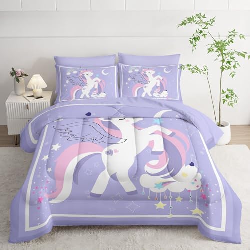 7Pcs Comforter Set Cartoon Purple Unicorn Printed Bedding Set with 1 Comforter,1 Flat Sheet,1 Fitted Sheet and 4 Pillowcases for Boys and Girls Bedroom All Season(Full)