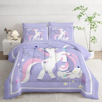 7Pcs Comforter Set Cartoon Purple Unicorn Printed Bedding Set with 1 Comforter,1 Flat Sheet,1 Fitted Sheet and 4 Pillowcases for Boys and Girls Bedroom All Season(Full)