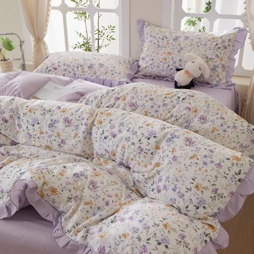 mixinni Floral Duvet Cover Set King Size, 100% Cotton 3-Piece Bedding Set with Ruffled Lace, Reversible Lavender Wildflower Ruffle Design, Soft Aesthetic Cottagecore Duvet Cover with Zipper Closure