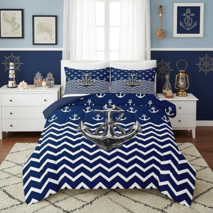Nautical Anchor Comforter Set King Size Navy Blue White Geometric Stripes Bedding Set 3Pcs Kids Boys Teens Room Decor Abstract Ocean Waves Quilt Set Sea Adventure Duvet Insert,2 Pillowcases