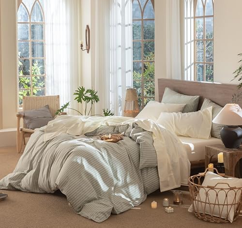 MooMee Sheet Set 100% Washed Cotton Linen-Like Extra Deep Pocket Full