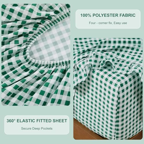 Gingham Queen Sheet Set, Lightweight Super Soft Brushed Microfiber Plaid Bed Sheets with 16" Deep Pocket, 4 Piece Ruffle Farmhouse Bedroom Decor, Green