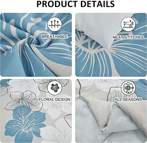 Luxudecor Floral Comforter Set Queen Size, Blue Floral Comforter and Sheet Set, 7 Pieces Bed in a Bag Soft Microfiber Complete Bedding Sets for All Seasons 90"×90"