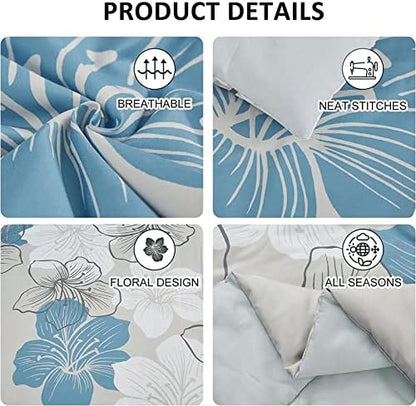 Luxudecor Floral Comforter Set Queen Size, Blue Floral Comforter and Sheet Set, 7 Pieces Bed in a Bag Soft Microfiber Complete Bedding Sets for All Seasons 90"×90"