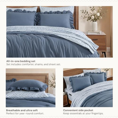 BLOOMHAVEN Full Size Comforter Sets-7 Pieces Ruffle Bedding Floral Sheet