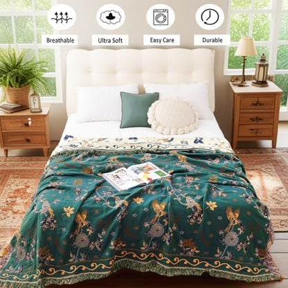 VANJOROY Boho 100% Cotton Large Throw Blanket - All Season Rustic Ultra Soft Breathable Floral Bird King Blanket for Bed Sofa Couch Chair Bedspread Quilt Gift, 91" x 98"-Teal/Beige