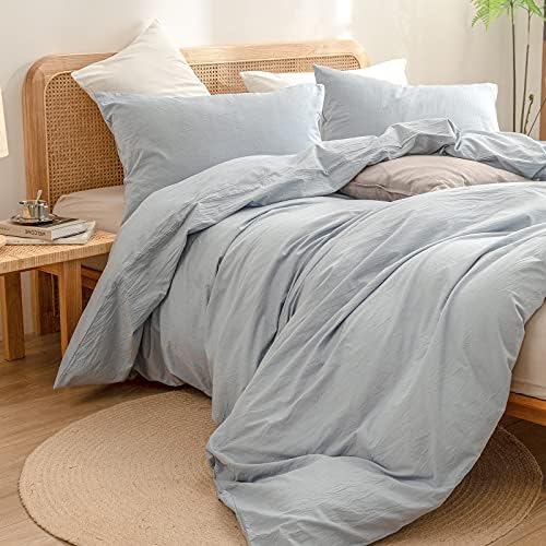 BESTOUCH Cotton Solid Duvet Cover Set Linen Feel Cornflower Blue Full