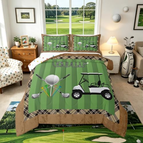 Castle Fairy Golf Bedding Set Full Size Modern Fashion Sports Games Comforter Set for Kids Boys Bedroom Decor Geometric Plaid Stripes Soft Duvet Insert Golf Ball Print Down Comforter Set,3Pcs