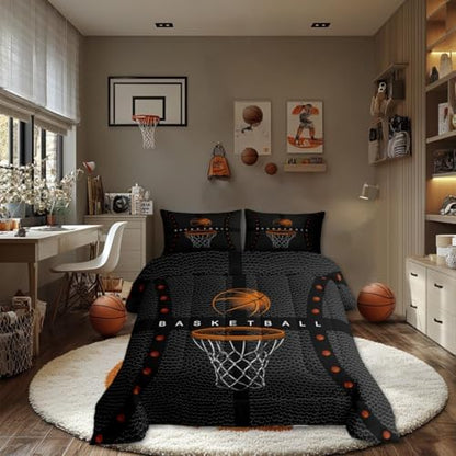 Castle Fairy Sports Basketball Children Comforter Set,Ball Games Bedding Set for Kids Boys,Adults Soft Basketball Comforter,Teens Orange and Gray Quilted Duvet Set Bedroom Collection King Size 3Pcs