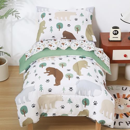 lasoftan Toddler Bedding Set, Toddler Bed Comforter Sets for Girls, Toddler Bed Set, Forest Bear Printed