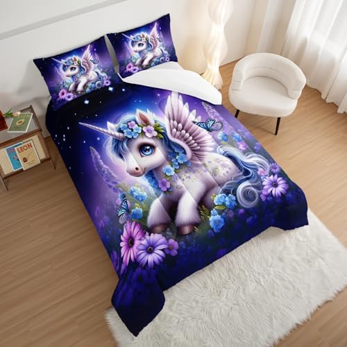 HOSIMA Starry Print Unicorn Queen Comforter for Kids with 2 Pillowcases.