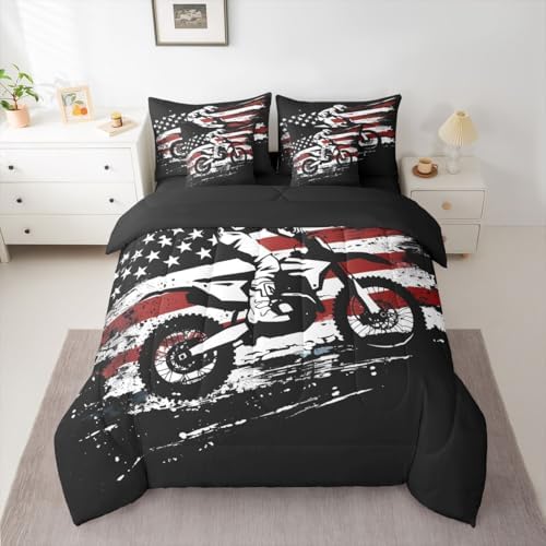 Feelyou Dirt Bike Comforter Set with Sheets 7 Piece King Size Splatter Print Bedding Set for Kids Boys Girls Off-Road Racing Bed in a Bag Outdoor Sports Room Decor Motocross Rider Soft Lightweight