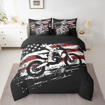 Feelyou Dirt Bike Comforter Set with Sheets 7 Piece King Size Splatter Print Bedding Set for Kids Boys Girls Off-Road Racing Bed in a Bag Outdoor Sports Room Decor Motocross Rider Soft Lightweight