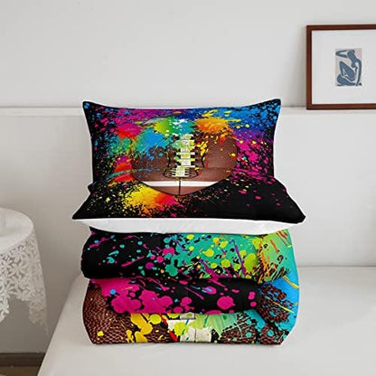 American Football Comforter Set Full Size,Modern Game Extreme Sport Bedding Set 3pcs for Teens Boys Adults Room,Watercolor Graffiti Duvet Insert Tie Dye Quilted Duvet Set with 2 Pillowcases,Black