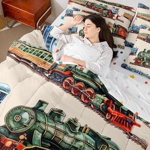 Erosebridal Boys Train Queen Bed in A Bag for Home, Vintage Steam Train Comforter Set with Sheets, Steam Engine 7-Piece Bedding Set, Transportation Vehicle Bed Sets for Kids Teen Men Bedroom