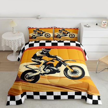 Feelyou Orange Motocross Rider Comforter Set Desert Dirt Bike Bedding Set with 2 Pillow Cases Sunset Track Design Full Checkered Flag Room Decor Off-Road Motorcycle Duvet Quilt Soft Lightweight