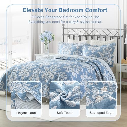 Queen Size Quilt Set - Blue and White Floral Quilt with Shams