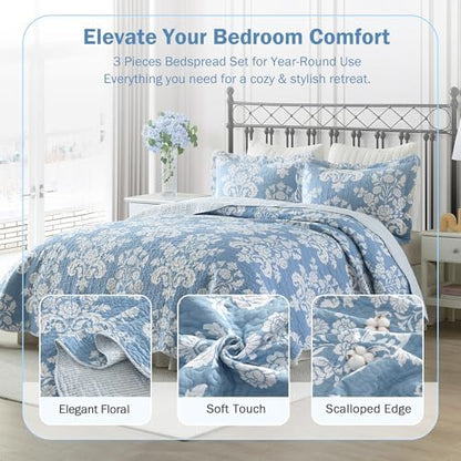 Queen Size Quilt Set - Blue and White Floral Quilt with Shams