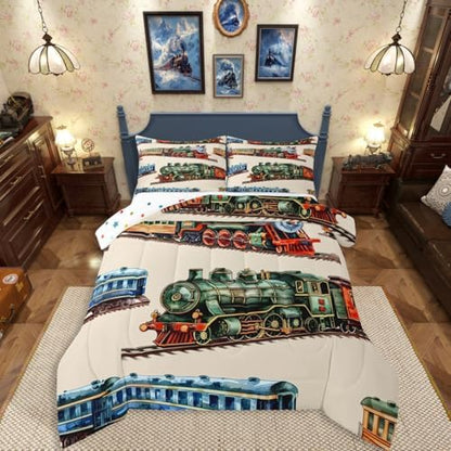 Erosebridal Boys Train Full Bedding Set for Home, Vintage Steam Train Comforter Set, Steam Engine Comforter, Transportation Vehicle Quilt with 2 Pillowcases for Kids Teen Men Bedroom, Lightweight