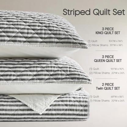 Wonderful - Grey Classic Ticking Stripe Quilt Set Twin Size, 2-Piece 100% Cotton Face & Fill All-Season Neutral Bedding, Minimalist Farmhouse Reversible Coverlet for Hot Sleepers