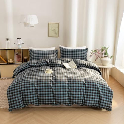 Mucalis Brown Blue Buffalo Plaid Duvet Cover Queen 100% Washed Cotton Checkered Duvet Cover Set 3 Piece Grid Bedding Set Full Zipper Closure Corner Ties,Soft Breathable Lightweight All Season
