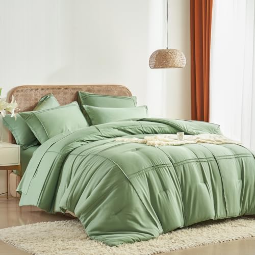 Yogeneg Queen Comforter Set 7 Piece Bed in a Bag,Grid Pinch Pleat Sage Green Bedding Set,Striped Textured Soft Microfiber Comforter with Sheet Set,All Season Complete Bed Set(Sage Green,Queen)