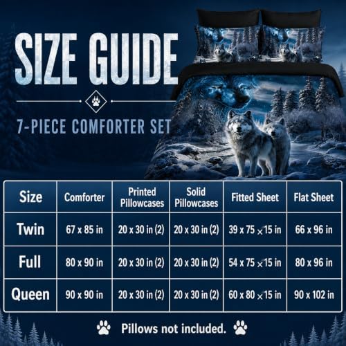 AILONEN Boys Snow Wolf Comforter Set Full 7-Piece Bed in a Bag - Printed Bedding Set for Kids Adults, Safari Animal Comforter, Fitted Sheet, Flat Sheet, 2 Pillowcases, 2 Pillow Shams - Black
