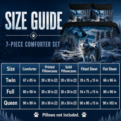 AILONEN Boys Snow Wolf Comforter Set Full 7-Piece Bed in a Bag - Printed Bedding Set for Kids Adults, Safari Animal Comforter, Fitted Sheet, Flat Sheet, 2 Pillowcases, 2 Pillow Shams - Black