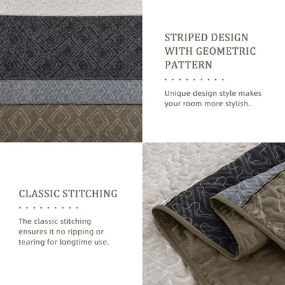 Cottolester Boho Quilt Set King,Black Taupe Striped Plaid Coverlet Set