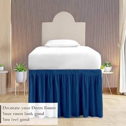 Dorm Bed Skirt Twin XL 50 Inch Drop, Easy to Install Extra Long Wrap Around Elastic Dust Ruffle, Bedskirt Solid Silky Fabric Machine Washable, Ruffled College Dorm Room Navy Blue