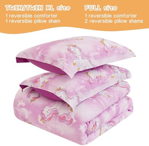Yibeizi Unicorn Kids Comforter Set for Girls Full Lavender Bedding