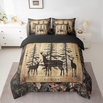 Erosebridal Camo Deer King Comforter Set 7 Piece for Kids Boys Teen,Tree Branches Camouflage Hunting Bedding Set Woodland Animal Bed in A Bag Retro Pine Tree Wildlife Sheet Set with Comforter